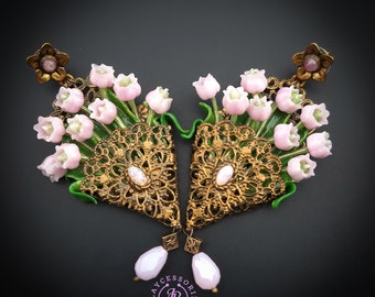 lilies of the valley in basket earrings in Art Nouveau style