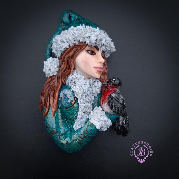 RESERVED for Gianna!    Girl with Bird winter brooch