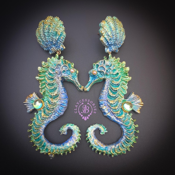 Seahorse shell statement earrings