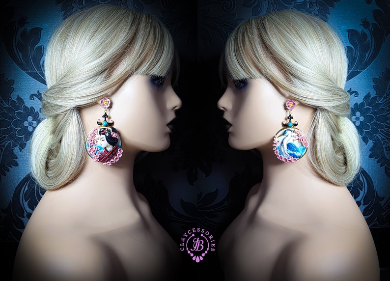 Crane Sakura Geisha Japanese mismatching statement earrings image 9