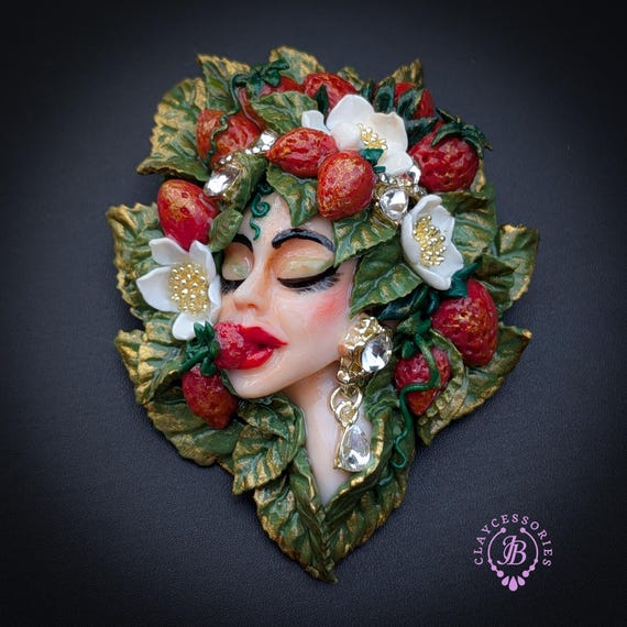 Strawberry Goddess Brooch Floral Face Pin Brooch Summer Jewelry
