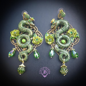 Green Snake statement earrings in Art Nouveau style