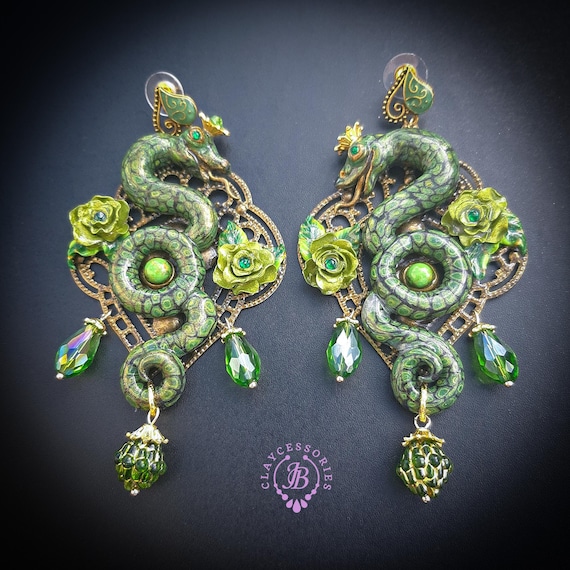 Green Snake statement earrings in Art Nouveau style