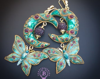 Butterfly moon statement earrings in Art Nouveau style