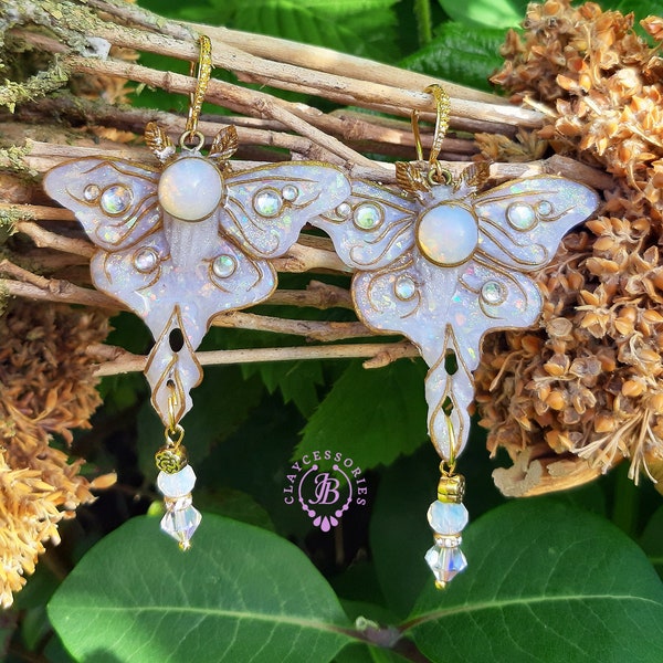 Luna Moth opal shimmers wings earrings, Wedding butterfly earrings, Gemstone earrings, Nature earrings, Luna moth charm, Butterfly jewelry