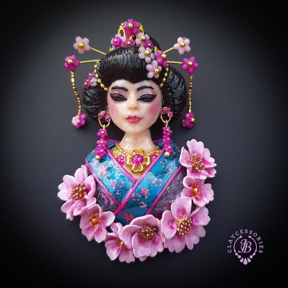 Geisha in cherry blossoms brooch