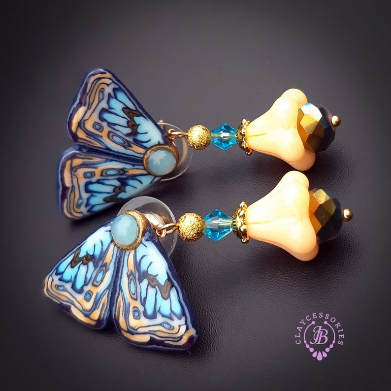 Blue butterfly earrings in Art Nouveau style image 1
