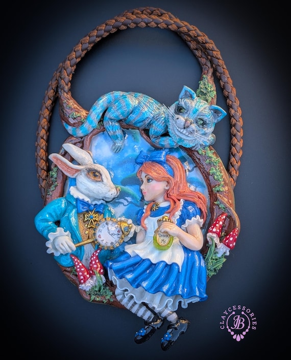 Alice in Wonderland Statement Necklace – Whimsical Fantasy Jewelry with White Rabbit & Cheshire Cat