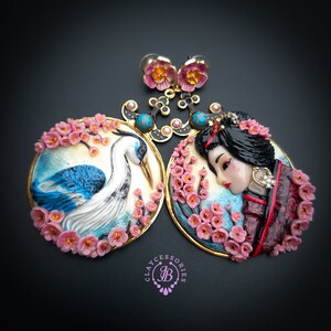 Crane Sakura Geisha Japanese mismatching statement earrings image 4