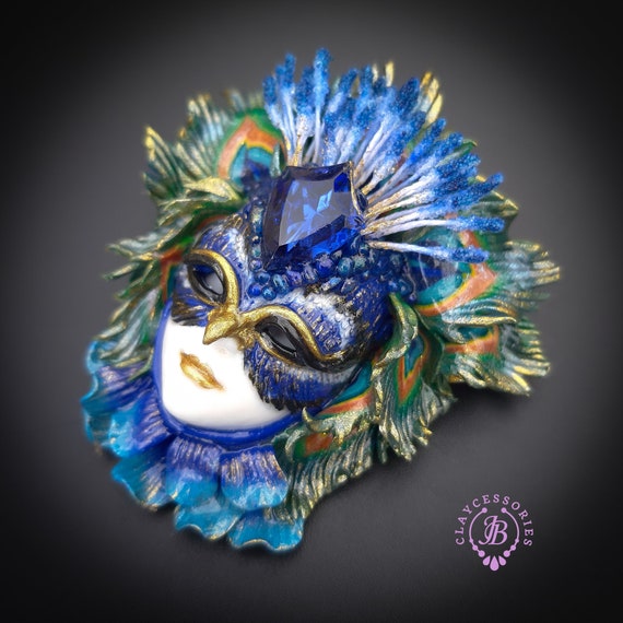 Peacock Venetian mask brooch