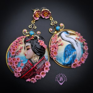 Crane Sakura Geisha Japanese mismatching statement earrings image 2