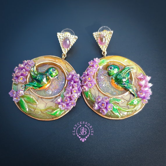 Lilac Bird Art Nouveau earrings