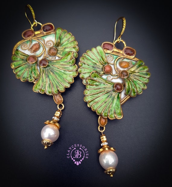 Ginkgo leaf earrings in Art Nouveau style