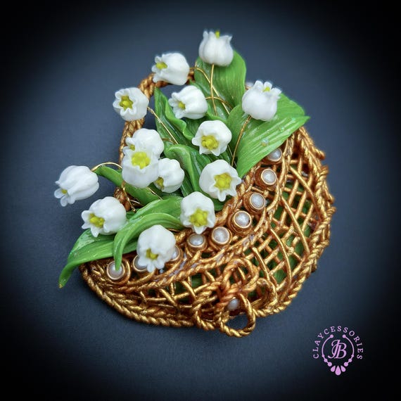 lilies of the valley basket brooch in Art Nouveau style