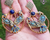 Peacock earrings in Art Nouveau style, Peacock tail statement earrings, Peacock feather earrings, Peacock charm,Peacock gift,Birds earrings
