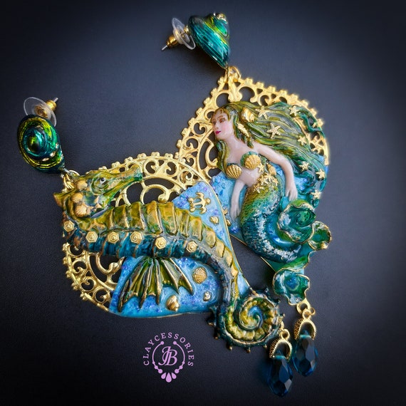 Seahorse Mermaid earrings in Art Nouveau style