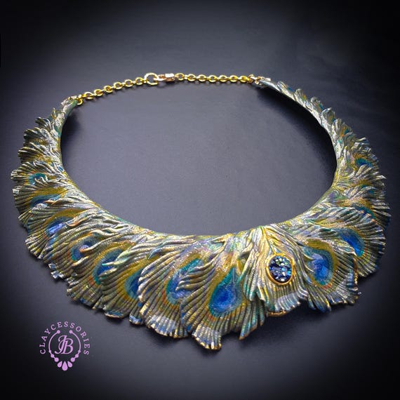 Peacock feather bib necklace