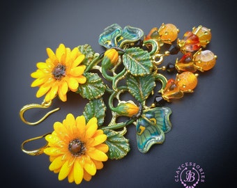 Sunflower Chandelier earrings in Art Nouveau style