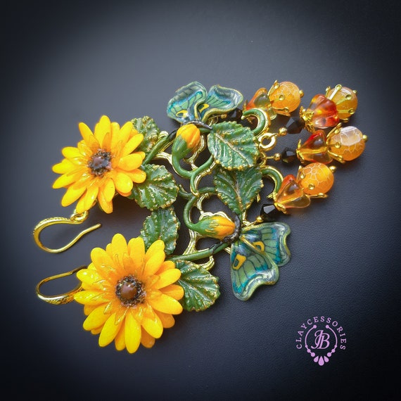 Sunflower Chandelier earrings in Art Nouveau style