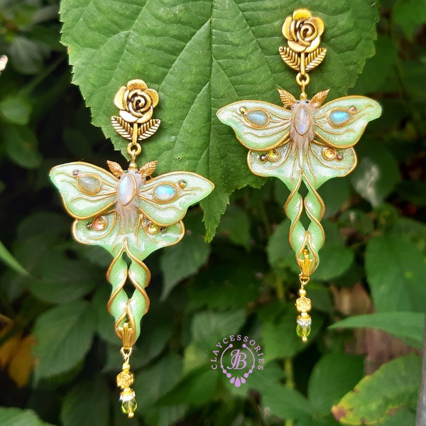 labradorite Luna Moth statement earrings, Moon moth, Vintage polymer clay  butterfly earrings, Gemstone earrings, Butterfly gift for her