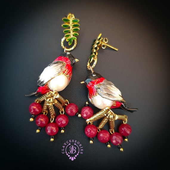 Christmas Bullfinch Holly berries  earrings