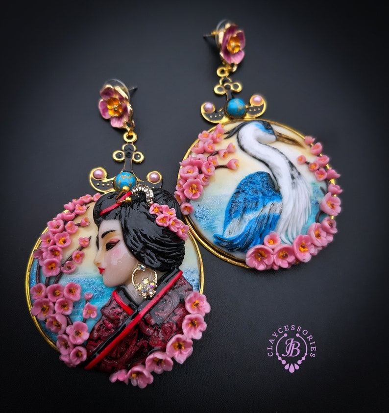 Crane Sakura Geisha Japanese mismatching statement earrings image 8