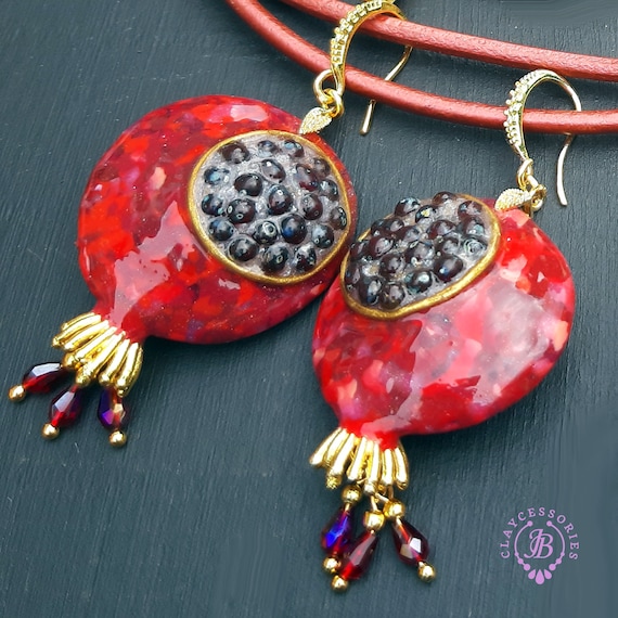 Pomegranate Garnet dangle earrings, Pomegranate charm gift, Botanical fruit statement earrings, Pomegranate jewelley