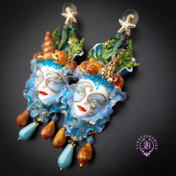 Sea Themed Venetian mask earrings in Art Nouveau style