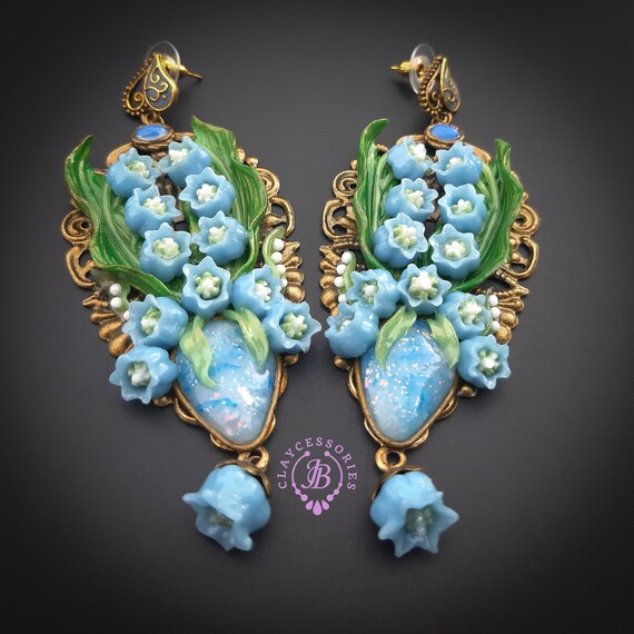 Blue lilies of the valley earrings in Art Nouveau style