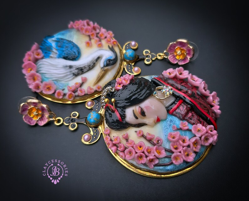 Crane Sakura Geisha Japanese mismatching statement earrings image 7