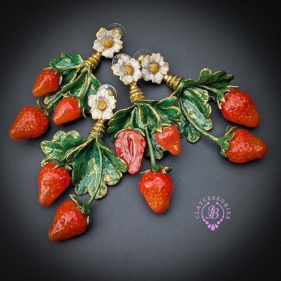 Strawberry Flower Statement Earrings, Handmade Fruit Dangle Earrings, Cottagecore Botanical Jewelry Gift