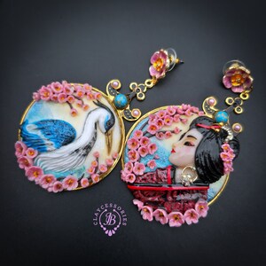 Crane Sakura Geisha Japanese mismatching statement earrings image 1