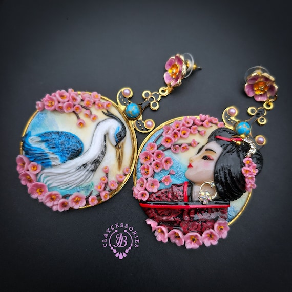 Crane Sakura Geisha Japanese mismatching statement earrings