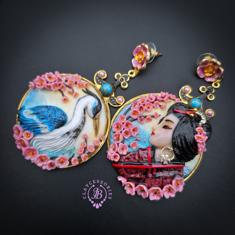 Crane Sakura Geisha Japanese mismatching statement earrings image 1