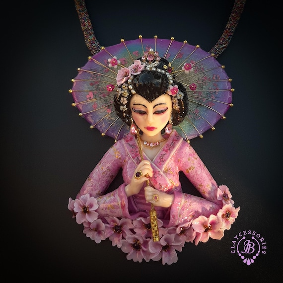 Geisha cherry blossoms statement necklace