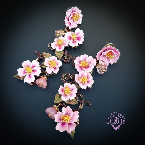 Sakura branch dangle earrings in Art Nouveau style