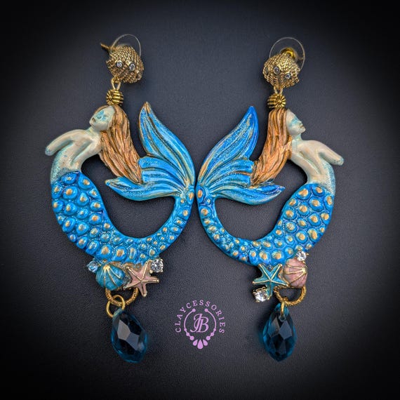 Mermaid Earrings Ocean Jewelry Blue Mermaid Tail Earrings Fantasy Beach Earrings Statement Dangle Earrings Coastal Gift for Her