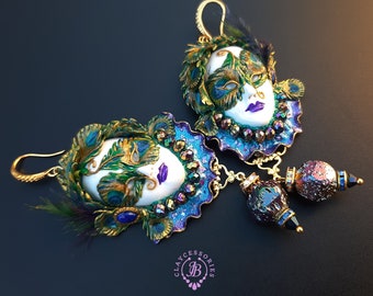 Peacock Venetian mask earrings