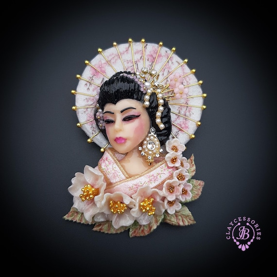 Geisha in cherry blossoms brooch