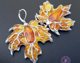 Maple Autumn  leaves shaped earrings, Amber silver Leaf  Earrings, Fall Nature inspired earrings, Polymer clay leaf earrings