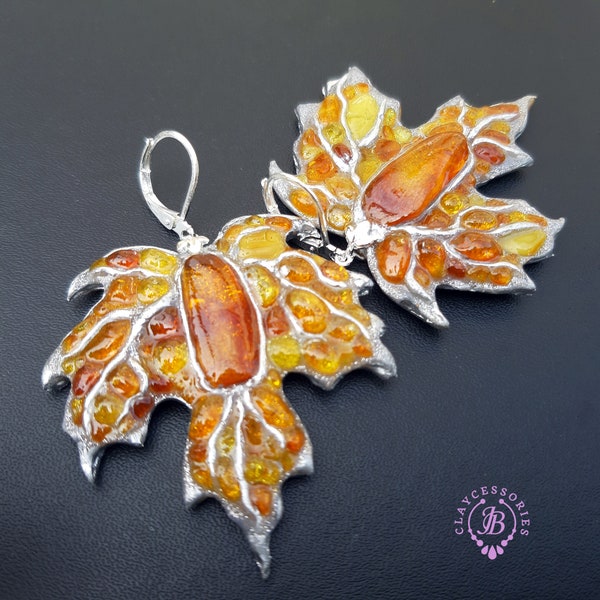 Maple Autumn  leaves shaped earrings, Amber silver Leaf  Earrings, Fall Nature inspired earrings, Polymer clay leaf earrings