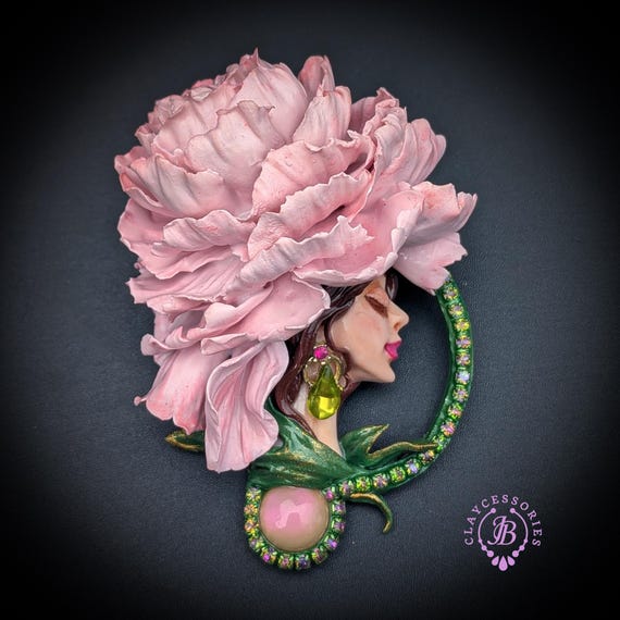 Pink Peony Lady Brooch Pendant