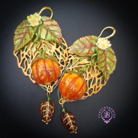 Pumpkin Autumn statement leaf earrings