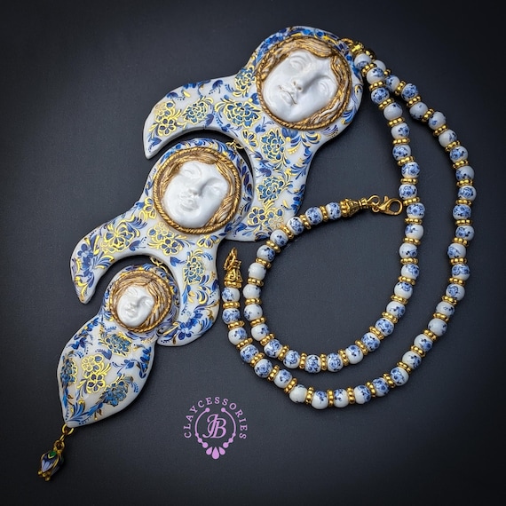 Blue White Doll Face Necklace
