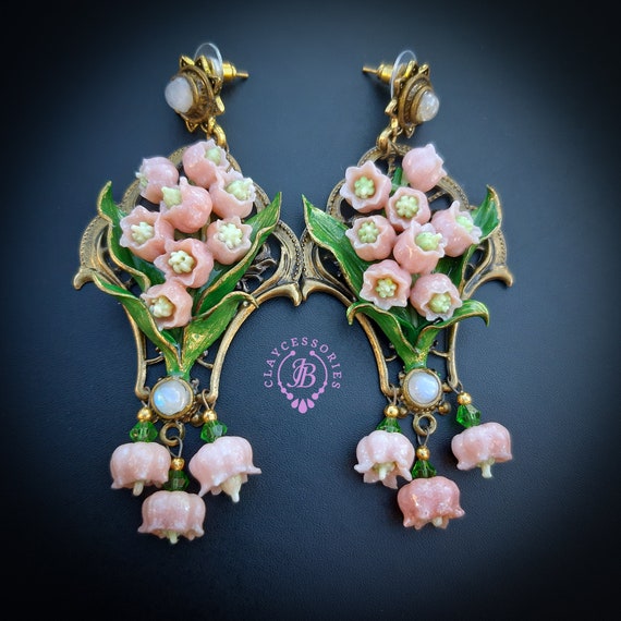 Pink lilies of the valley earrings in Art Nouveau style