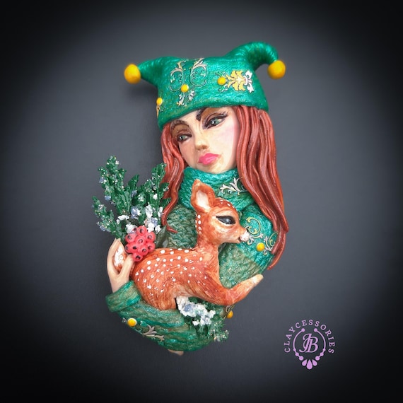 RESERVED for Sharon! Girl with Fawn brooch