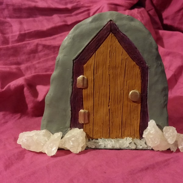Faerie Door Fairy Door Fairy Garden Fairy Furniture with Purple Frame, White Calcite Crystals and Norse Rune Garden Decor Safe for Outdoors