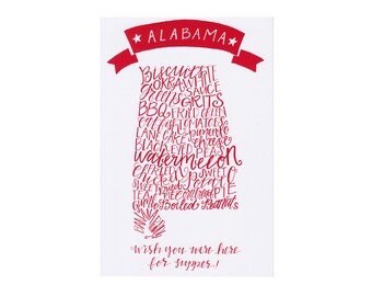 Alabama Postcards Set of 5, Southern Foods, Wish you were here for supper!, Red postcard