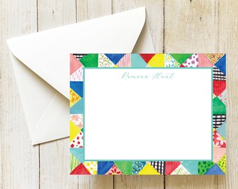 May include: A colorful stationery card with a patchwork border and the name "Ramona Hunt" printed in blue script.