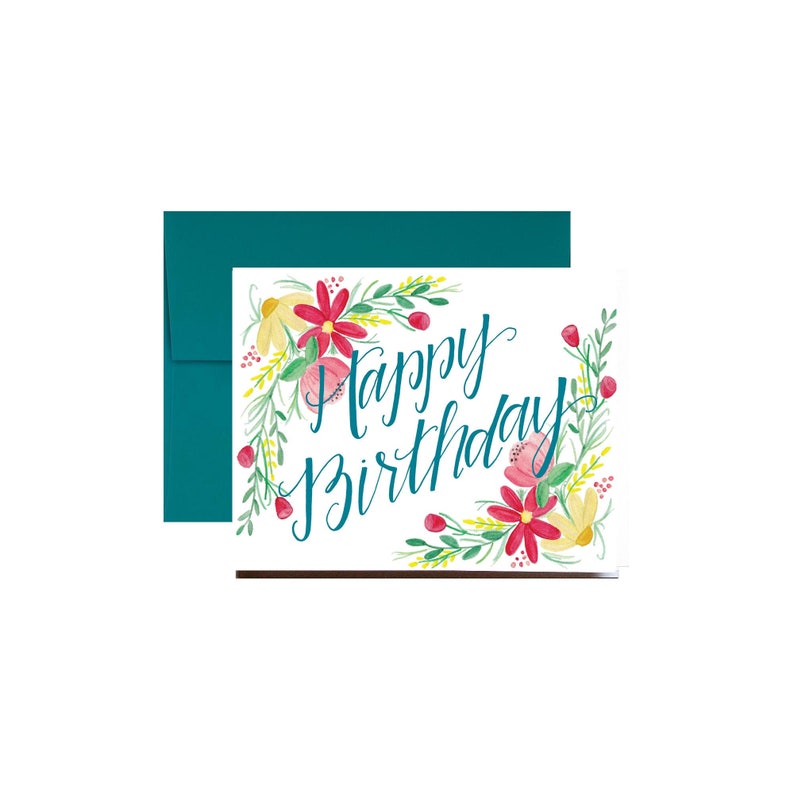 Happy Birthday Flowers Card Aqua Etsy